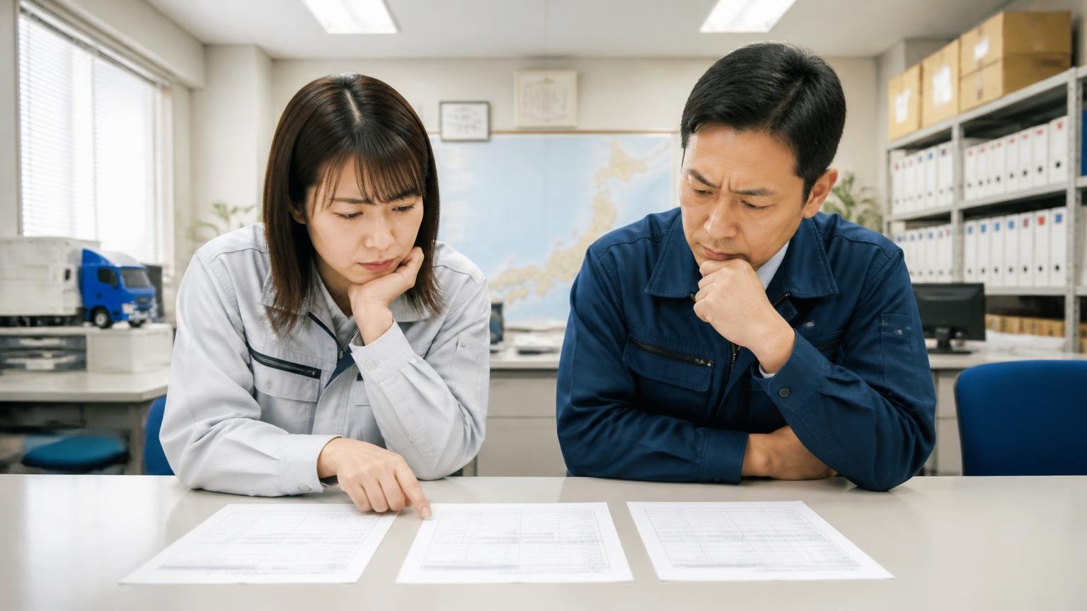 1社の金額が高いか安いかは、横に並べるまで分からない。運送会社の事務所で3枚の見積書を机に並べて見比べる女性1人と男性1人