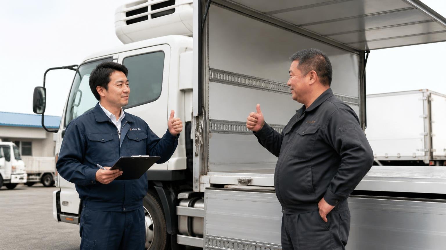 向いている人|愛媛・松山近郊で実車を見てもらえる地場の相手が欲しい人 松山近郊の運送会社の車庫で冷凍ウイングを一緒に確認する査定士1人と社長1人が頷き合う