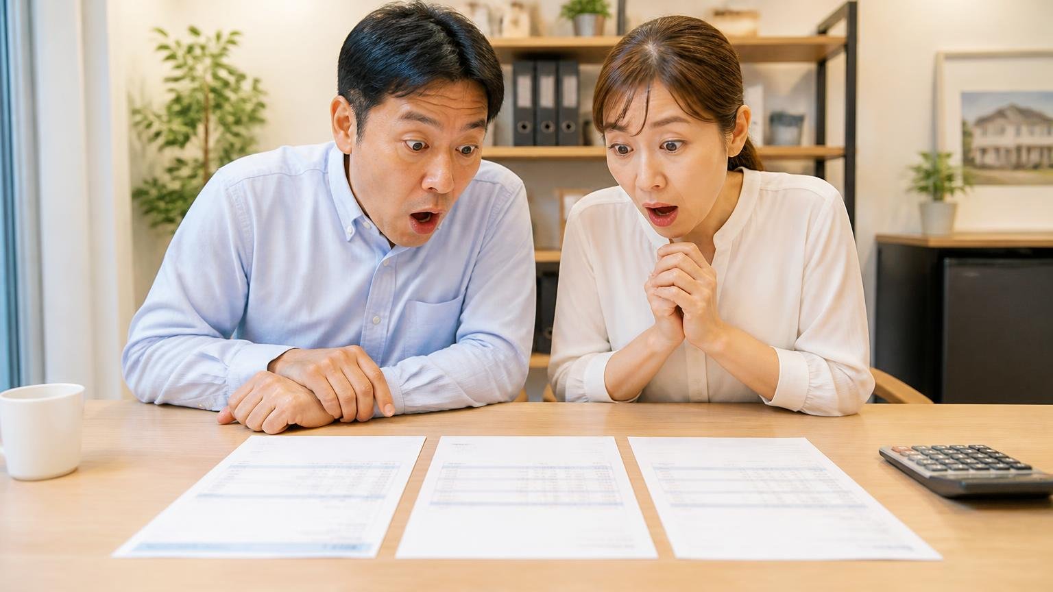 地元の業者と全国対応の業者を組み合わせて2〜3社で比べる 事務所のテーブルに3社の見積書を並べる夫婦2人 驚いた表情