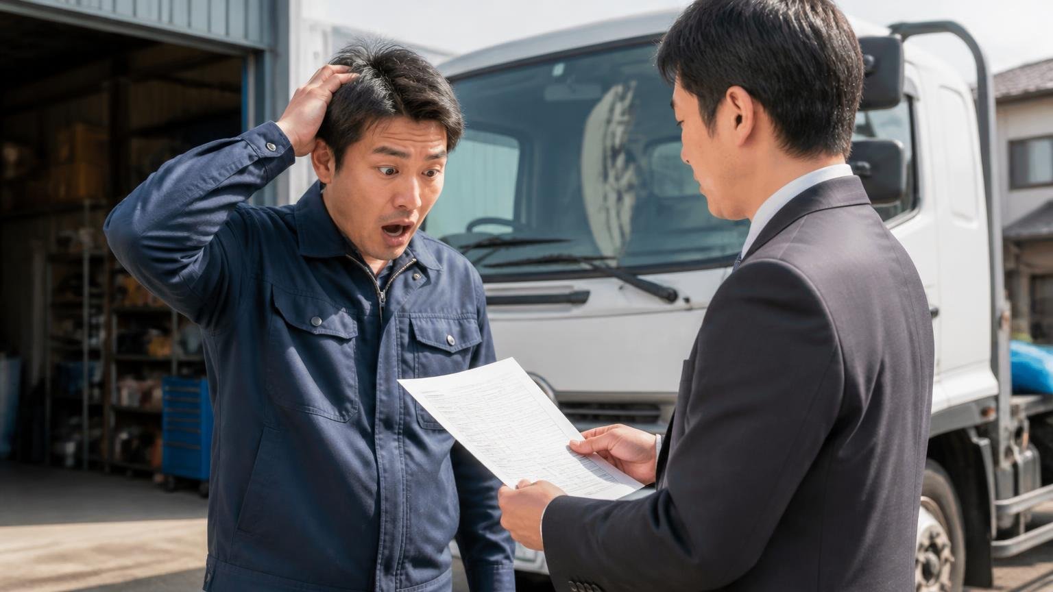 電話やWEBの「概算」を確定額だと思い込む 車庫で査定員から見積書を受け取り、電話で聞いた金額との違いに驚く運送会社の男性