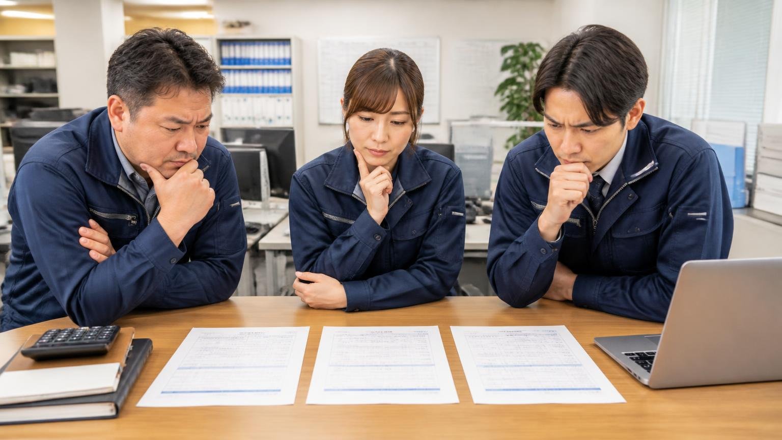無料査定は2〜3社で同じ条件で並べる 事務所の机に3枚の見積書を並べて真剣に見比べる運送会社の男女3人