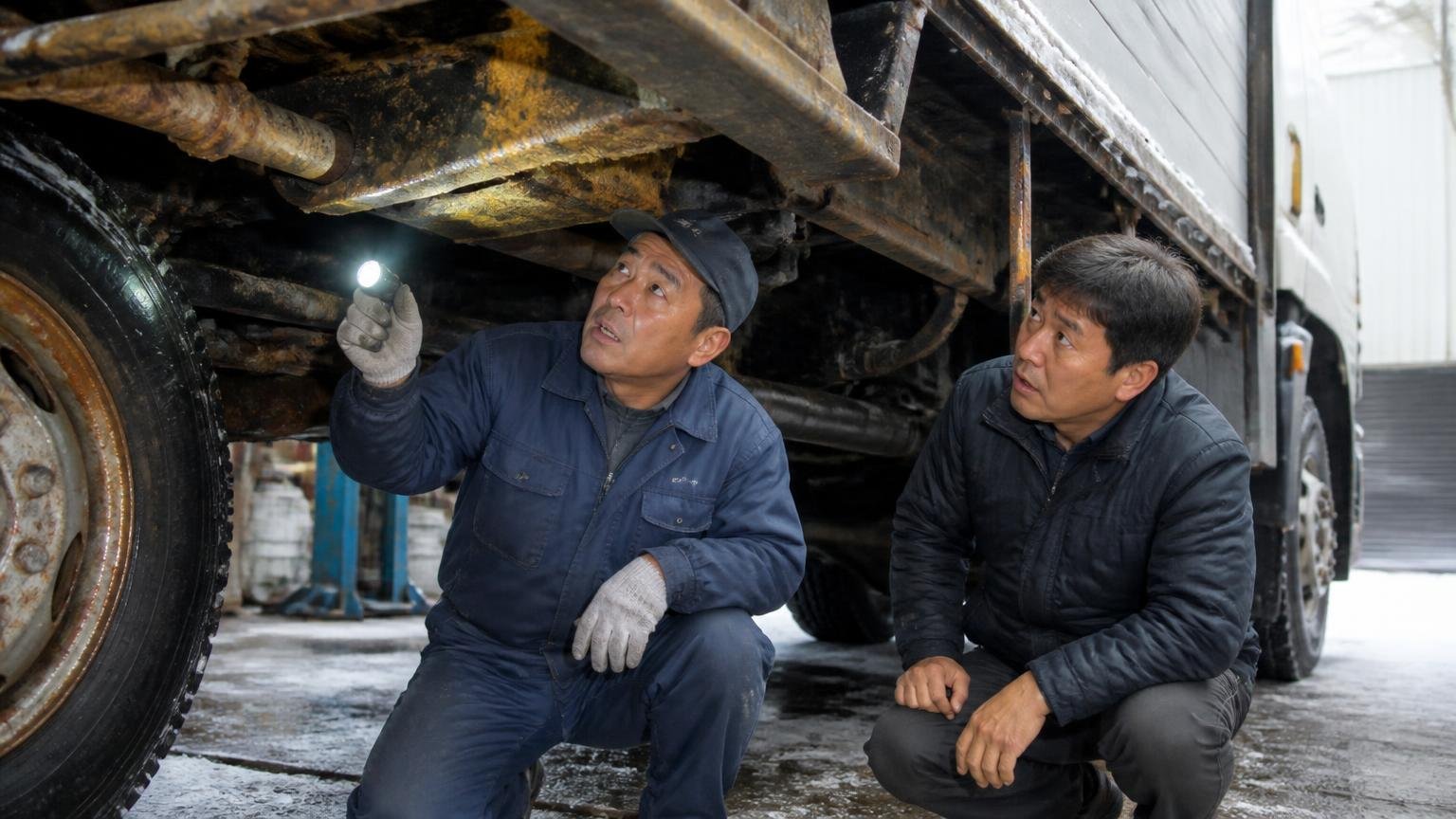 冬の道を走ってきたトラックは下回りの錆を見られる 雪の残る車庫でトラックの下回りをライトで照らして確かめる整備士と運転手の2人