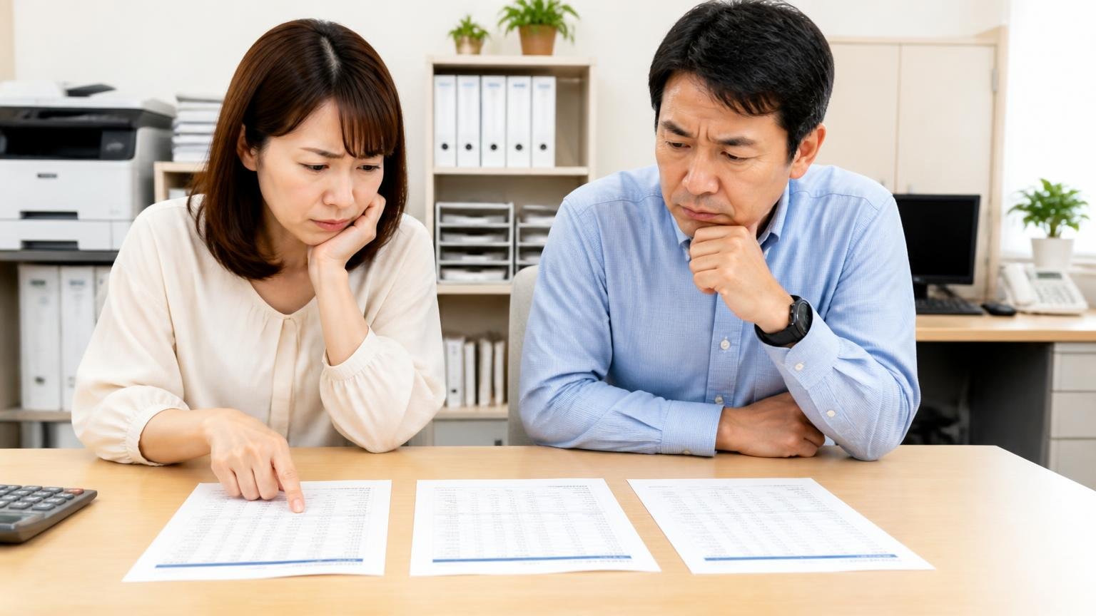 「県内1社+広域・全国1〜2社」の無料査定を並べる|事務所の机に3社の見積書を並べて見比べる30代女性と40代男性