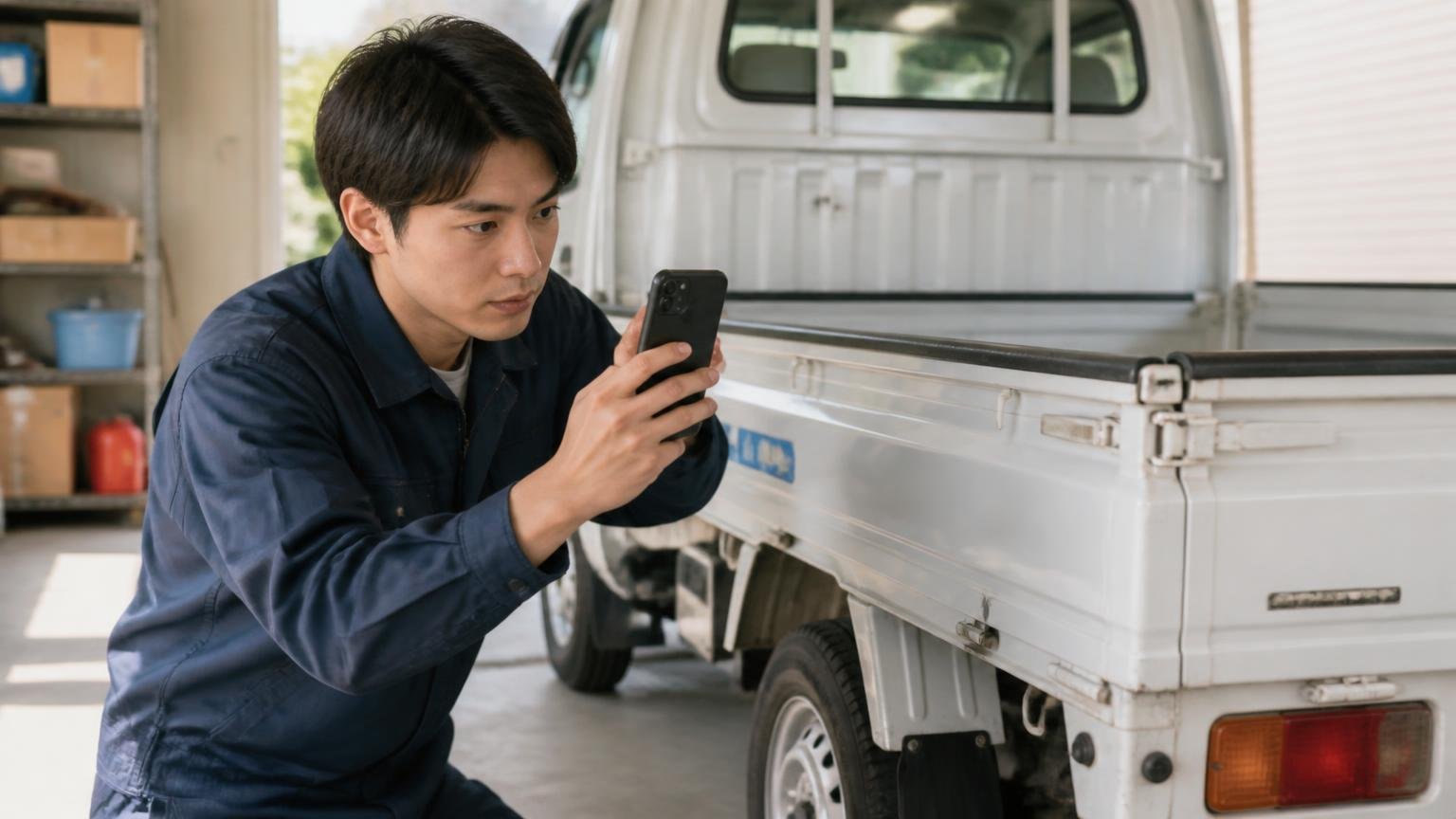 電話・LINE査定の前に「車検証・写真・不具合」をそろえて伝える。車庫でスマホを構え荷台を撮影し真剣な顔の若いドライバー