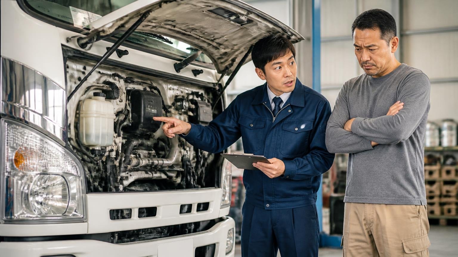 電話の概算と実車査定の金額は違うことがある:車庫で査定員がトラックのエンジンルームを指さし、ドライバーの男性が腕を組んで困った表情