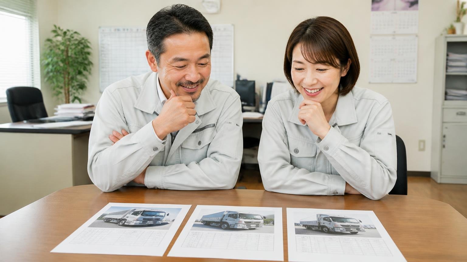 地元業者1〜2社と全国対応の買取業者の見積もりを並べる 事務所の机にトラックの見積書を3枚並べて笑顔でうなずく運送会社の夫婦