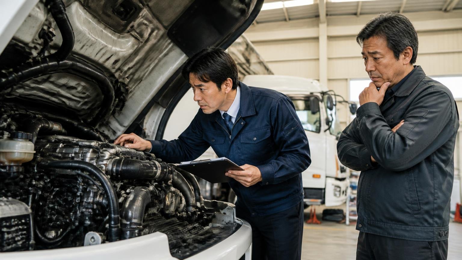 電話やLINEの概算は「実車を見る前の数字」と心得る 車庫でトラックのエンジンをのぞき込む査定士と心配そうなドライバー