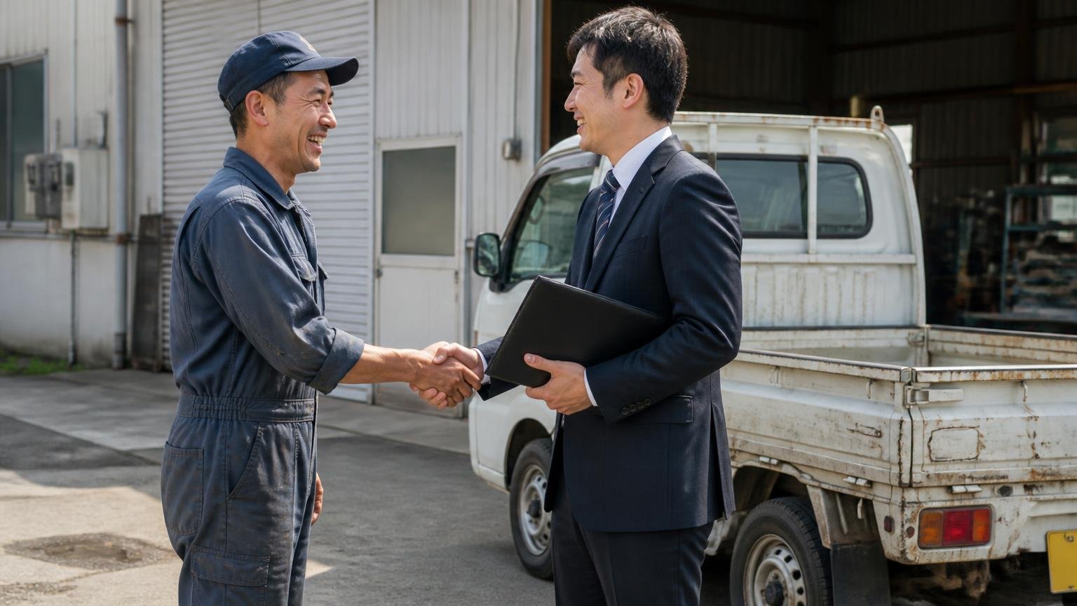古くても値がついた快く引き取ってもらえたという良い口コミ、町工場の前で傷だらけの軽トラックを査定員に引き渡し笑顔で握手する作業着の男性と査定員の2人