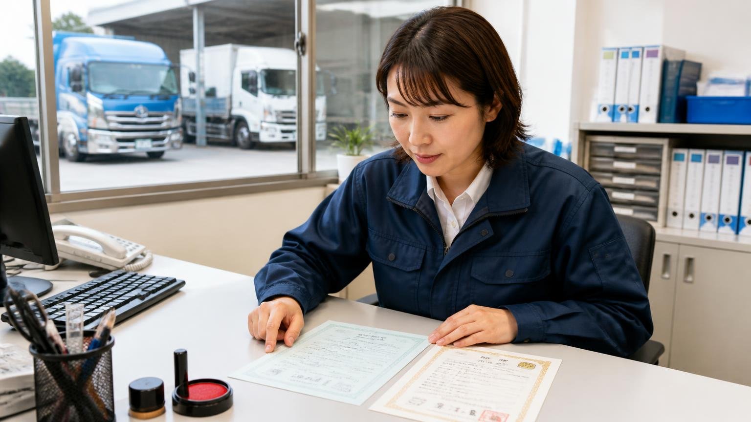 名義変更に必要な書類をそろえる 運送会社の事務所で車検証と印鑑証明書を机に並べて確認する女性事務員1人 窓の外にトラックの車庫