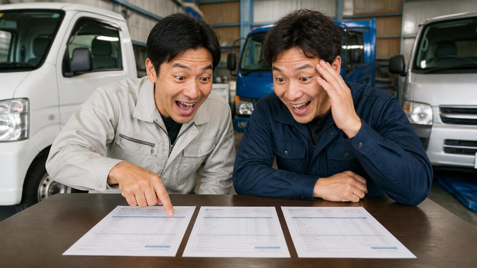 地元業者と全国対応の業者を「両方」並べて比べる、営業所の車庫で3枚の見積書を並べて見比べ目を輝かせる男性2人