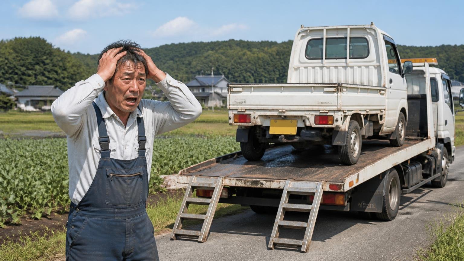 後悔する人は1社の金額で決めている、積車に載せられていく軽トラックを見送りながら頭を抱える農家の男性