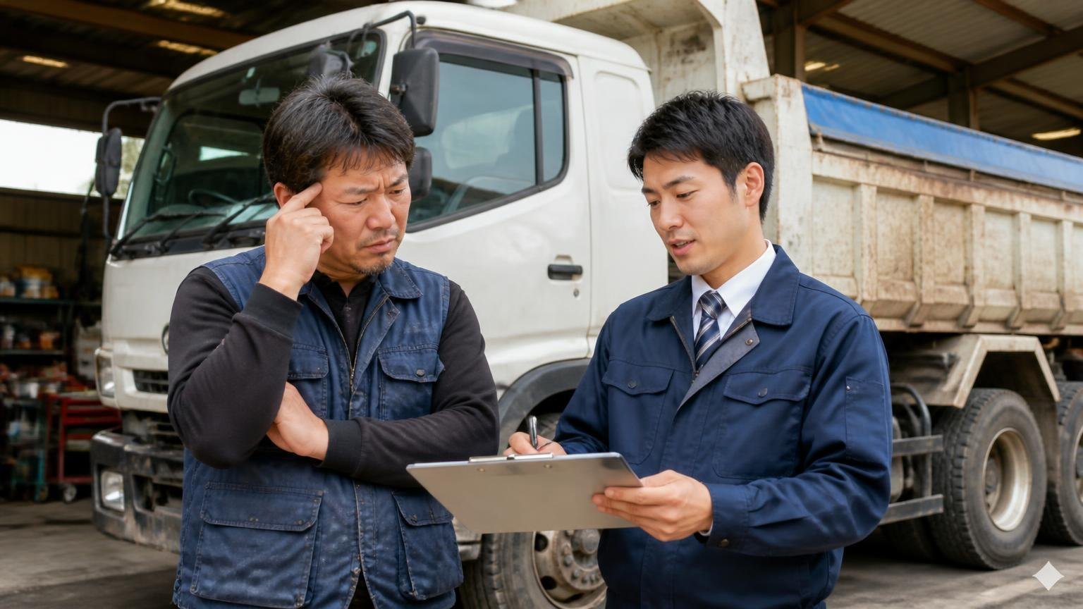 電話の概算は「現車を見ていない数字」|減額の条件を先に書面で|車庫の4tダンプの横で査定表を手に顔をしかめる男性1人と査定員1人