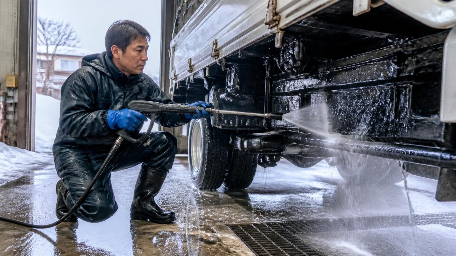 雪国ならではの準備。下回り・フレームを洗って、写真に残す 雪の残る車庫で高圧洗浄機を使いトラックの下回りを洗う作業着の男性