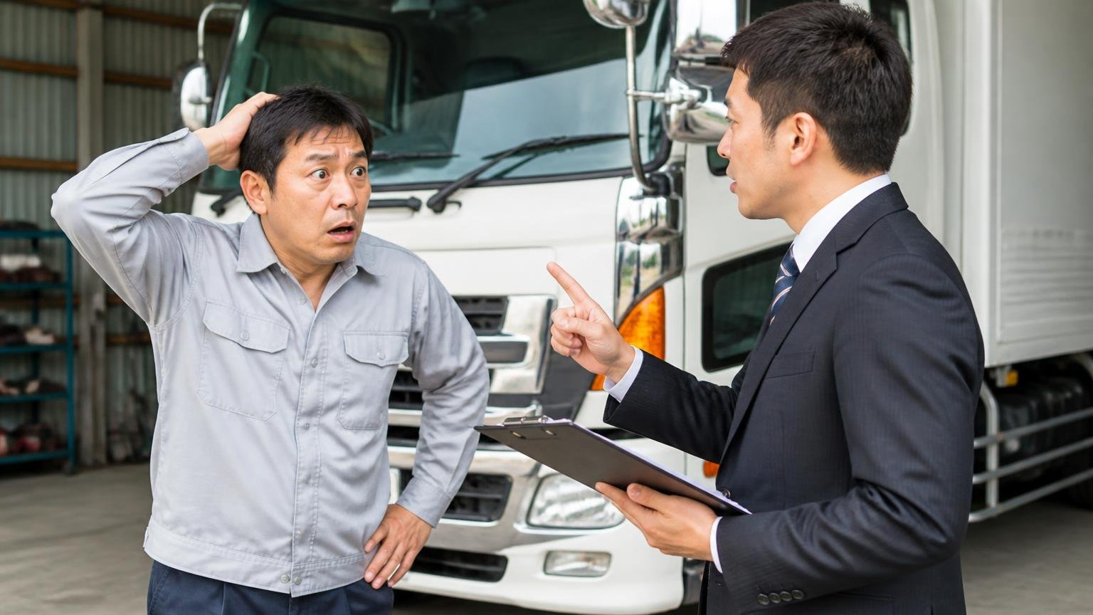 電話やLINEの概算と、実車査定の金額は同じとは限らない 車庫でトラックの前に立ち査定員から減額の説明を受けて驚く男性