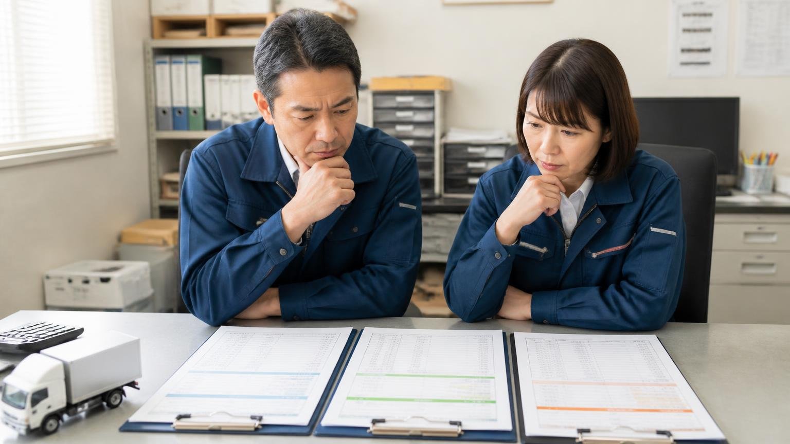 1社目の金額は物差しにして2〜3社の無料査定を並べる 事務所の机に3枚の査定書を並べて見比べる運送会社の夫婦