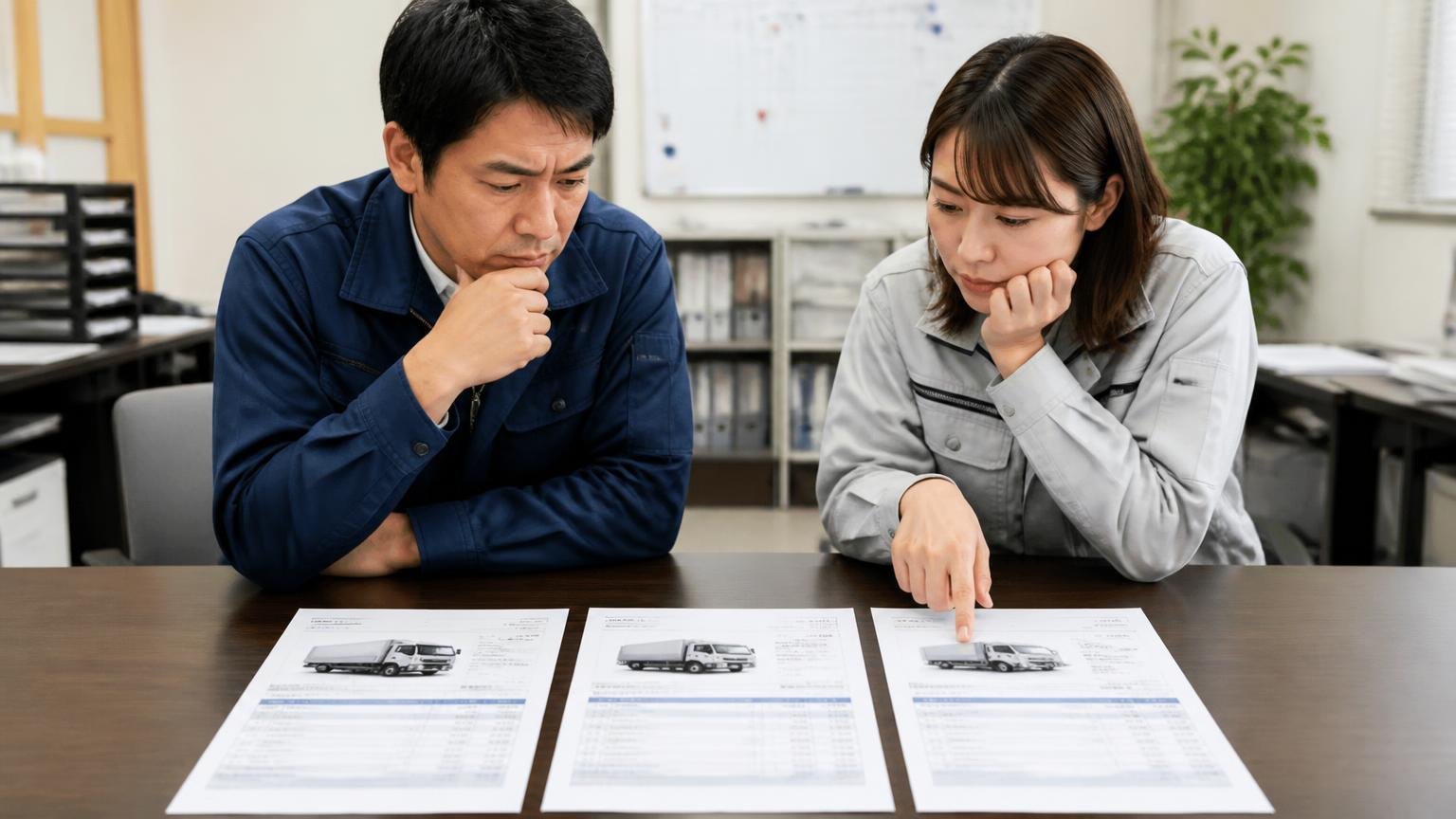 地元1社+全国対応の買取業者1~2社で金額を並べる(事務所の机にトラックの見積書を3枚並べて比べる40代男性と30代女性の2人)