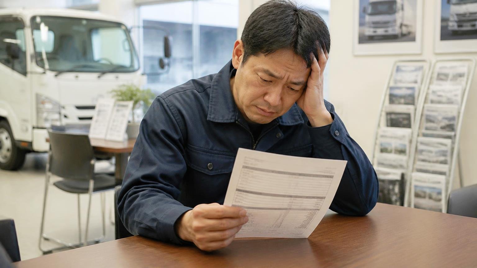下取りや1社の言い値だけで決めてしまった|販売店の商談スペースでトラックの下取り見積書を見つめて肩を落とす運転手1人