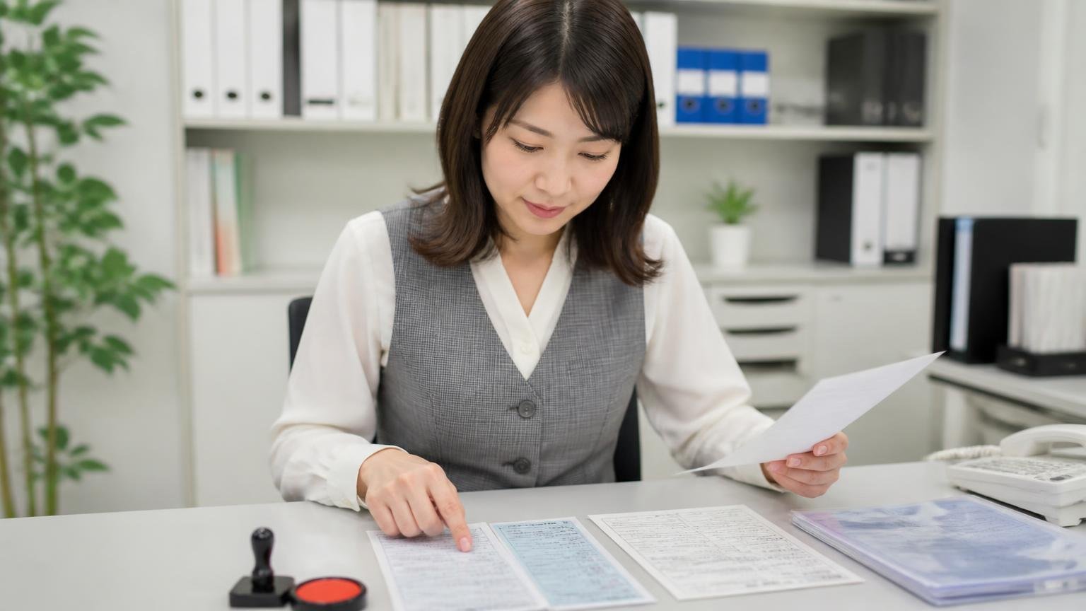 車検証と必要書類を手元にそろえてから査定を申し込む 事務所の机に車検証や印鑑証明を並べてチェックする女性事務員1人