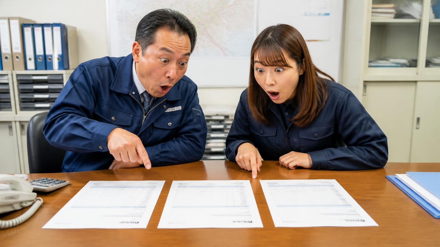 書面の見積もりを並べる、事務所の長机に3社分の見積書を広げ運送会社の社長と事務員の2人が金額を見比べて目を丸くする