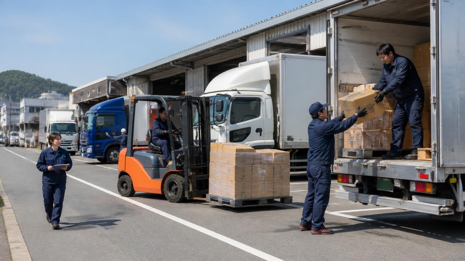 奈良県のトラックは約13.6万台、運送事業者は630者 奈良の幹線道路沿いの物流拠点に大小のトラックが並び、運転手たちが荷積みする朝