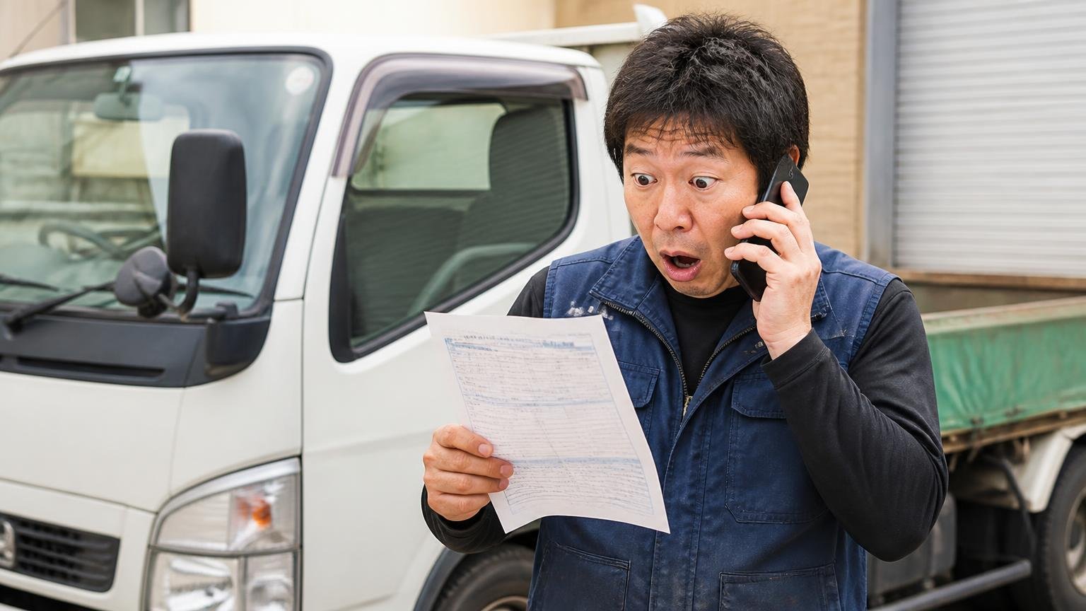 電話の概算は決まった金額ではない|トラックの横で電話を耳に当てたまま査定表を見て目を見開く個人事業主の男性