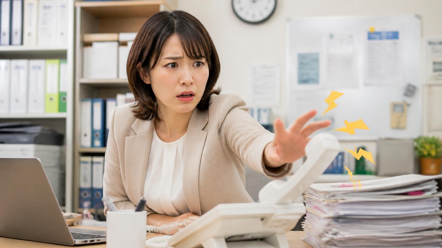 営業電話への対策を考える場面。事務所で鳴り続ける電話を前に困った表情の女性1人が受話器に手を伸ばす