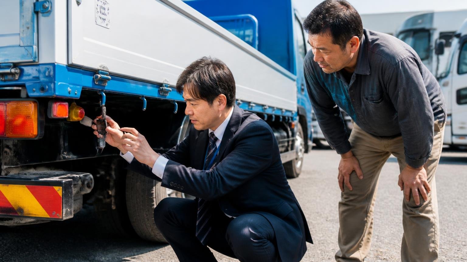 金額の根拠を見せてくれるか。屋外でトラックの荷台まわりを写真に撮る査定士と、のぞき込む持ち主の男性