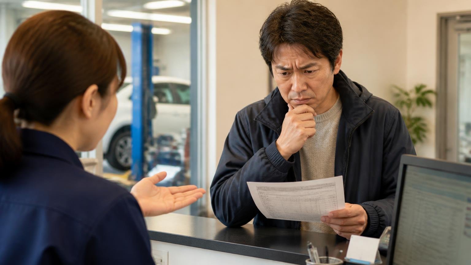 「整備が高い」という声と会社側の返信 整備工場の受付で請求書を手に眉をひそめる男性1人