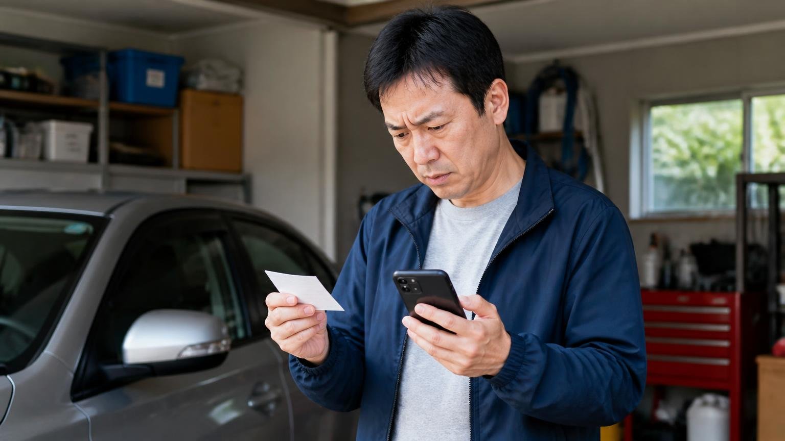 かかってきた番号を公式サイトで確かめる。車庫で名刺とスマホを見比べる男性1人