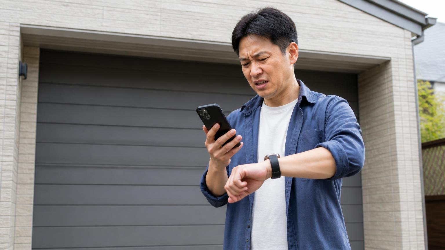 不満の中身を分ける。車庫の前でスマホを握り時計を見て苛立つ表情の男性1人が立ち尽くす