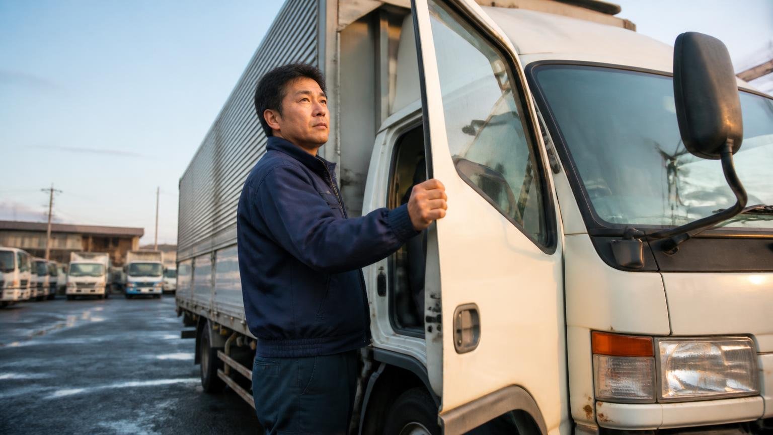 トラックの平均車齢は12.13年|早朝の車庫で年式の古い4tウイングの運転席ドアを開ける男性1人が感慨深い表情