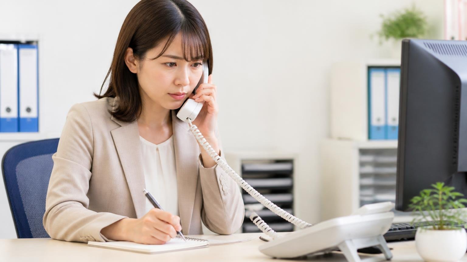 査定料と出張費と対応エリアと減額の条件を聞く、事務所の電話機の前でメモを取りながら通話する女性1人が真剣な表情