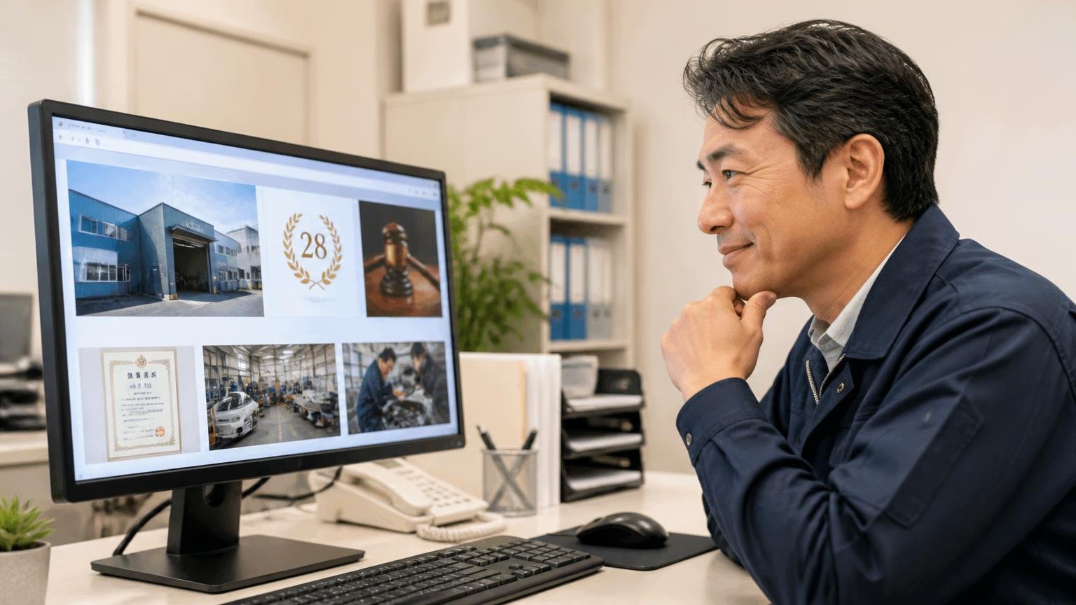 設立28年・古物商許可・近畿運輸局指定工場という事実。事務所で会社概要のページを画面で確認する場面。40代男性が納得した表情