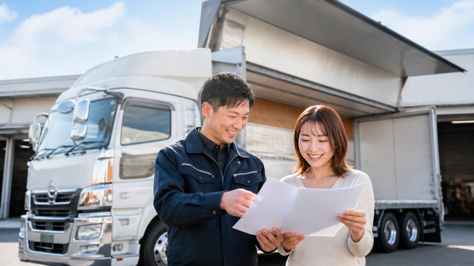 向いている人は大阪関西で架装車を手放したい人。車庫のウイング車の前で書類を広げる男女2人が笑顔