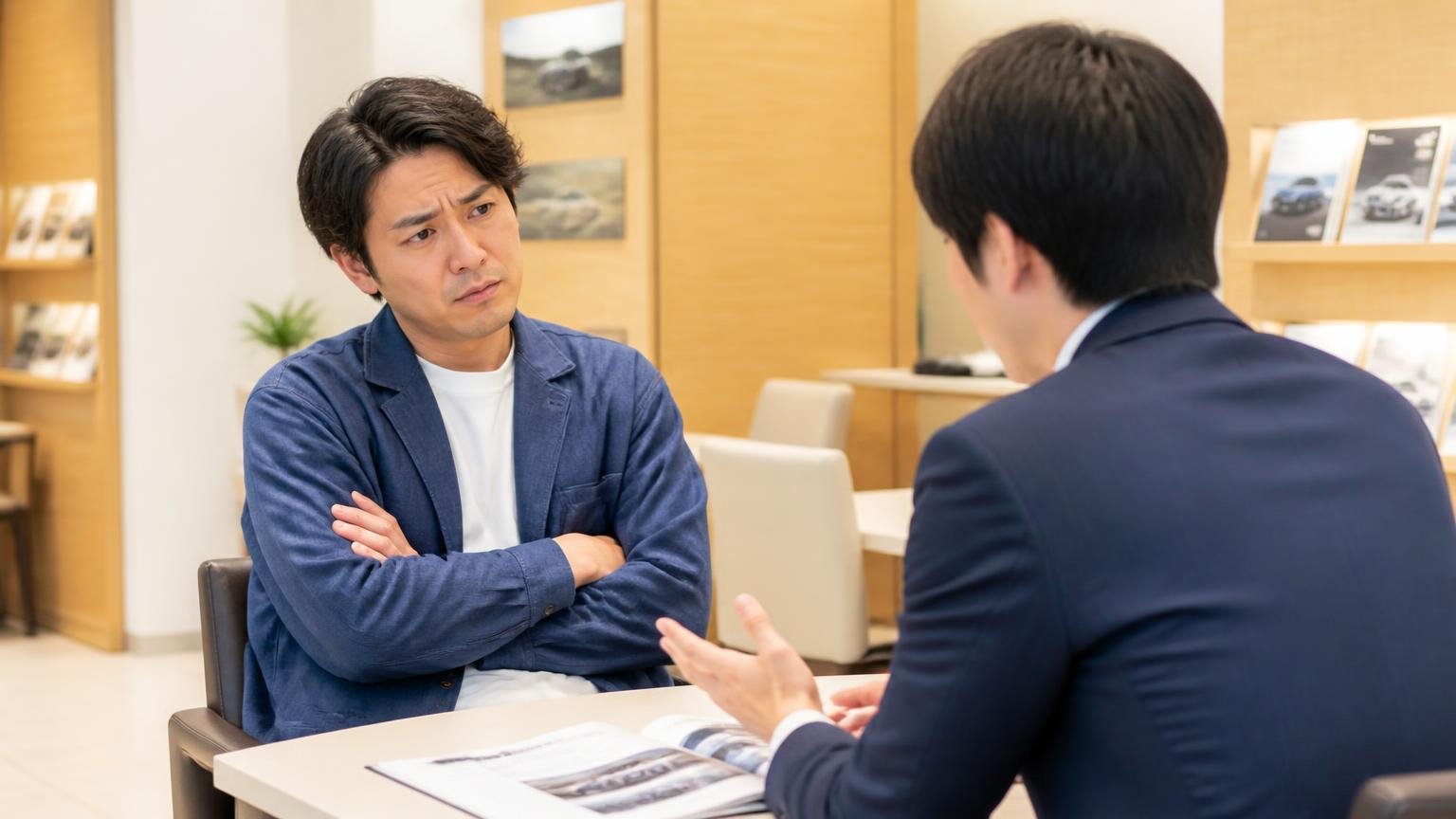 最も多いのは担当者による当たり外れ 店舗の商談スペースで向かい合う場面 男性2人 片方が困った表情で腕を組む