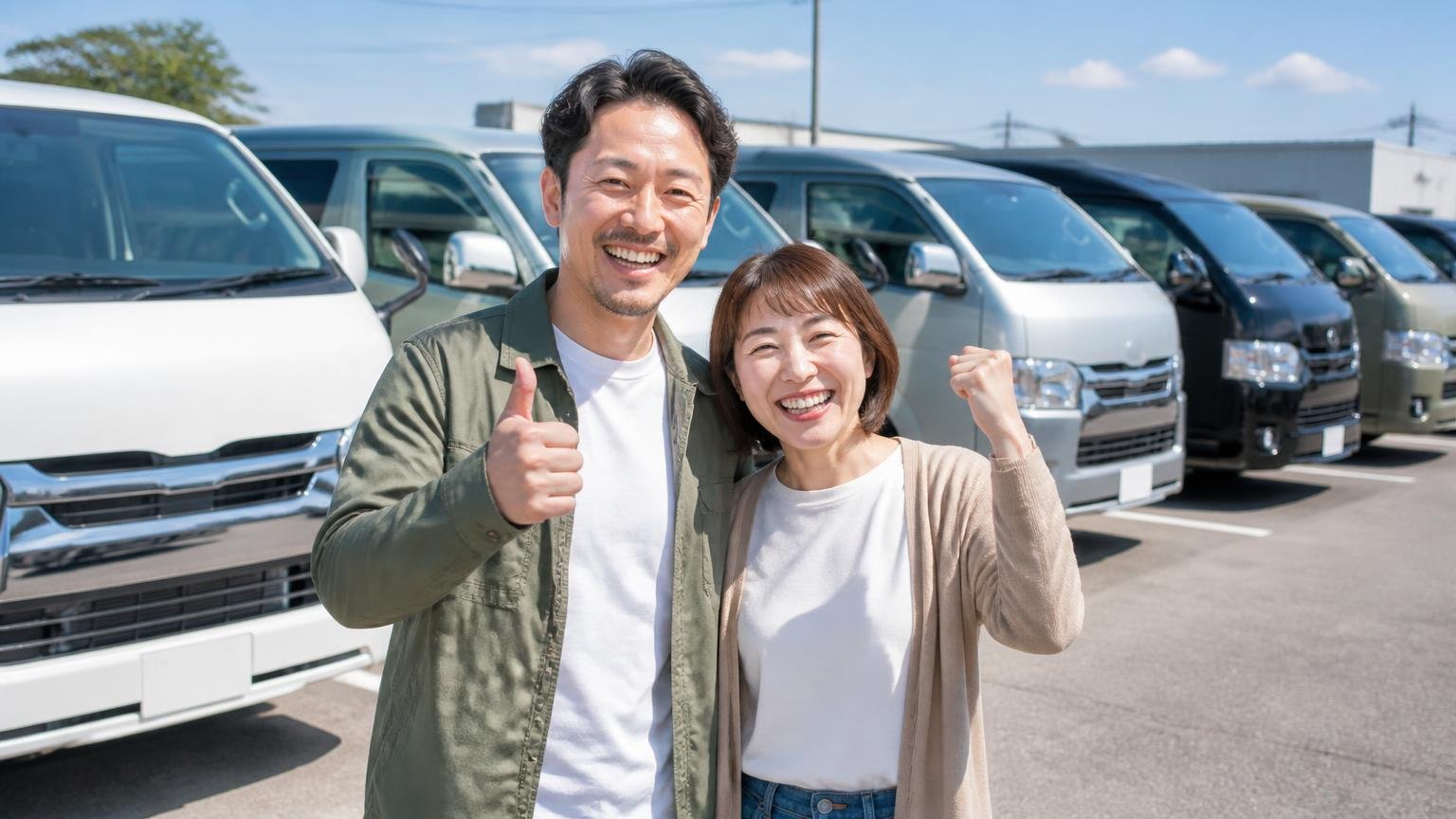 向いている人|次の1台も同じ店で買う、関東近郊で持ち込める、整備も任せたい、中古ハイエースが並ぶ展示場で笑顔の夫婦