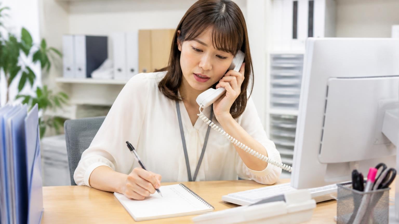 買取ページに書かれていない条件は電話で聞く 事務所のデスクでメモ帳にチェックリストを書きながら電話をかける女性事務員