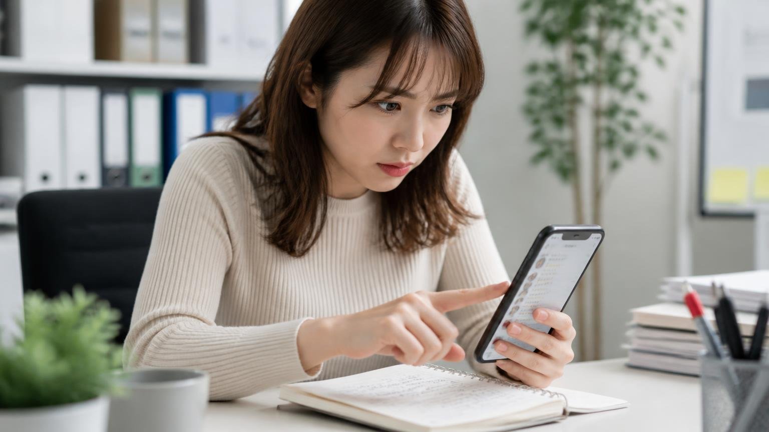Googleマップの口コミは「買った人」の声がほとんど 事務所でスマホの口コミ画面を指でなぞり、メモ帳に書き出す30代女性1人