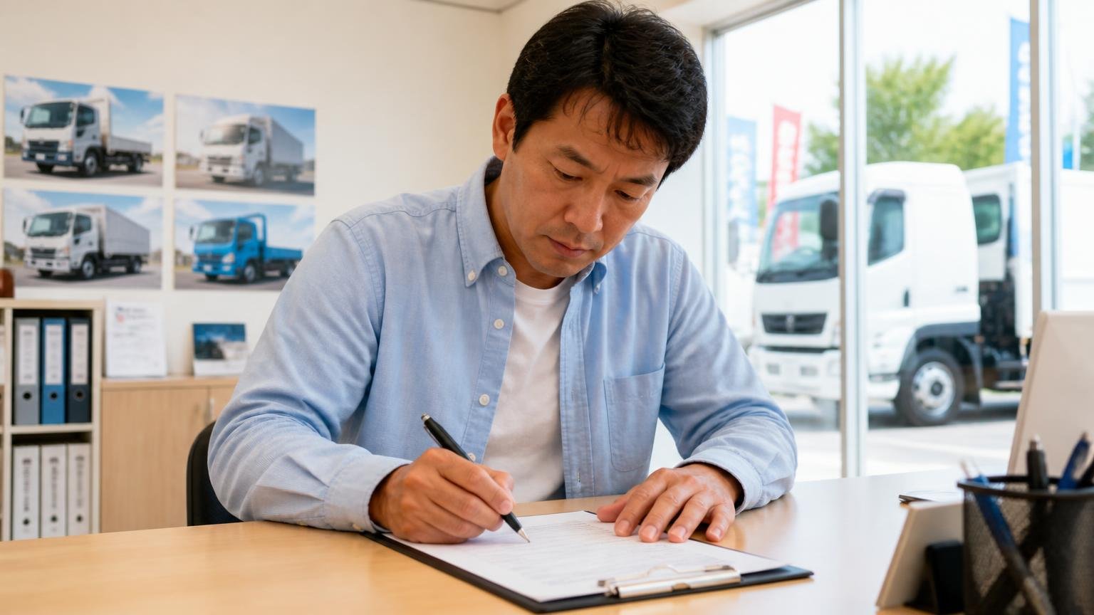アクセルトラックの口コミは「買った人」の声がほとんど、中古トラック販売店で購入手続きの書類にサインする40代男性客1人