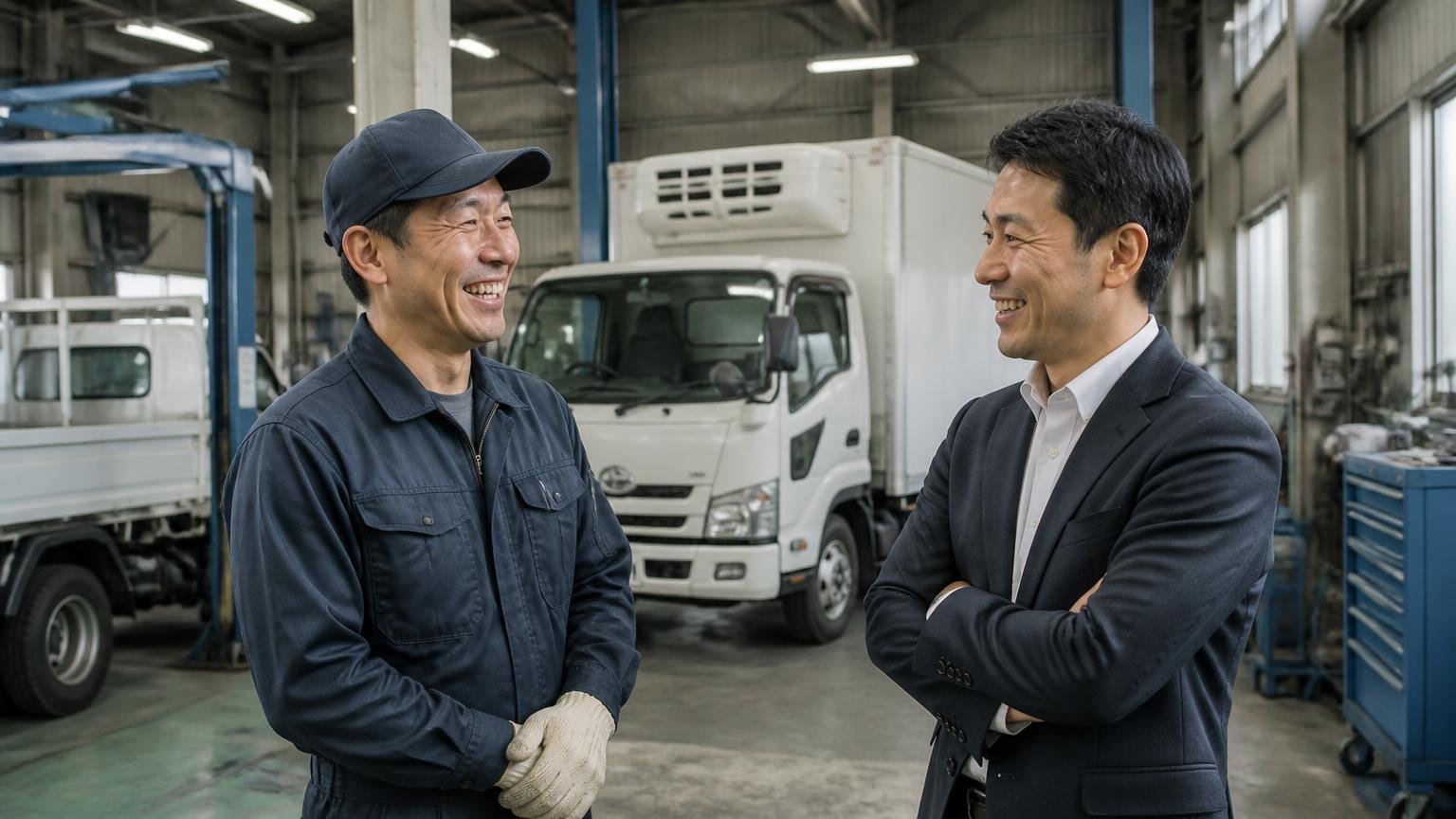 向いている人:冷凍車や積載車を持つ福島周辺の人、買い替えや修理も相談したい人、整備工場の中、整備士と運送会社の社長の2人、笑顔でうなずき合う