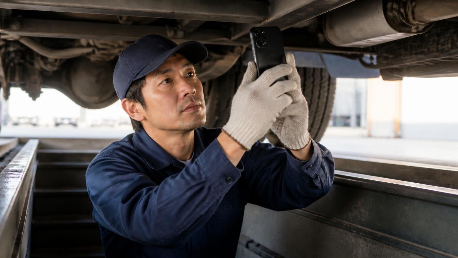 LINEで写真7点を送る査定。提示額が確定かどうかは必ず確認を 早朝の車庫でトラックの下回りをスマホで撮影する作業着姿の30代ドライバー