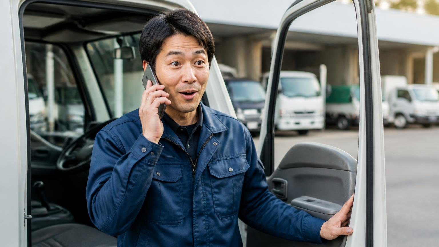 電話の概算額の意味を理解する場面 早朝の車庫で運転席のドアを開けながらスマホで通話する男性1人