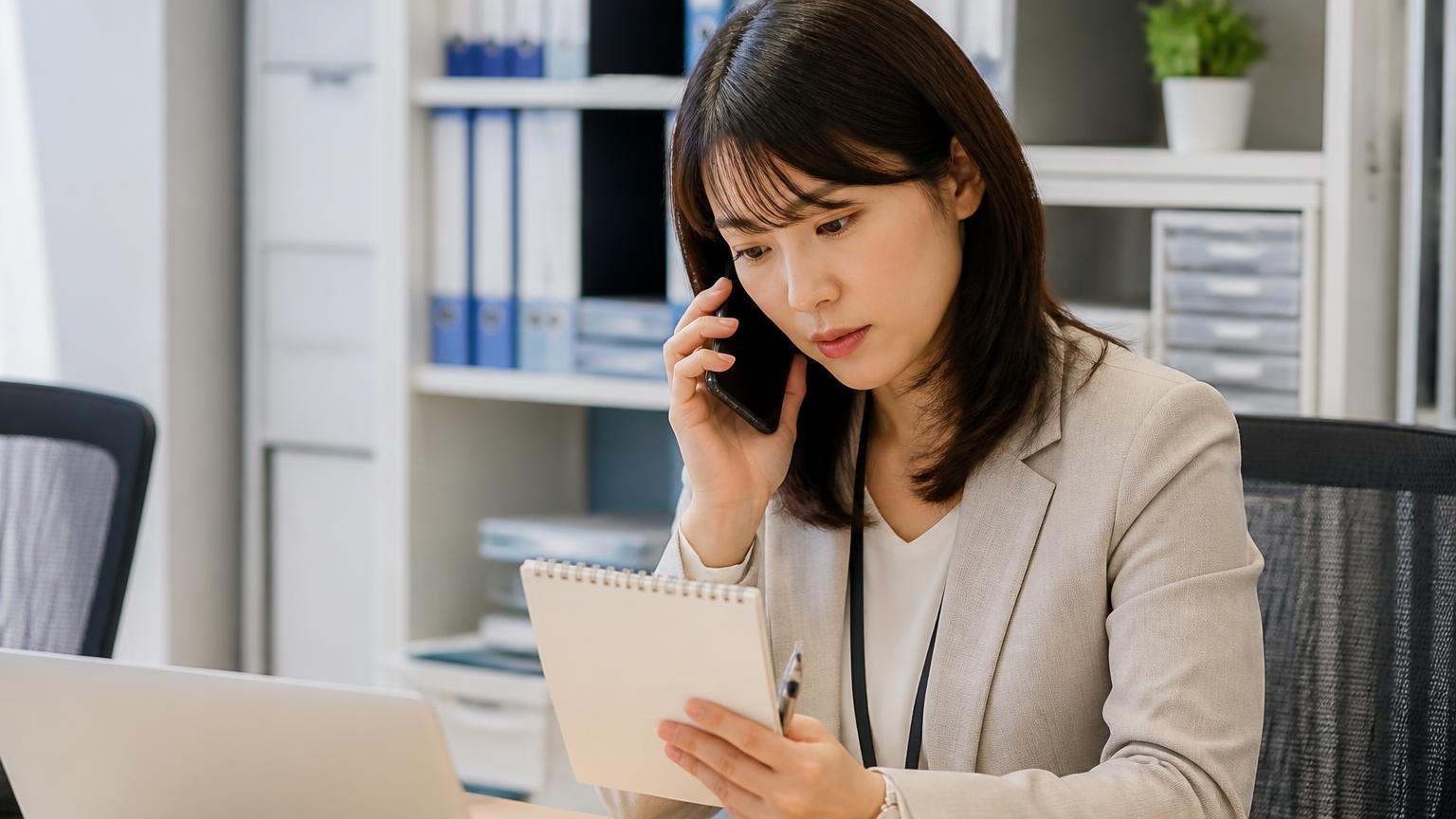 電話で聞くべき8つの質問リスト。事務所でメモを片手にスマホで買取業者に電話をかける女性