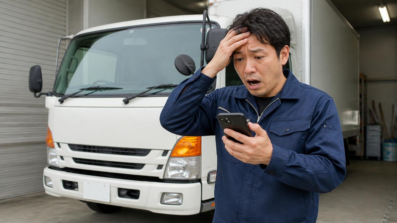相場を知らずに買取希望価格を書くとどうなるか。車庫の4tトラックの前でスマホを見ながら悩む男性が頭を抱える場面