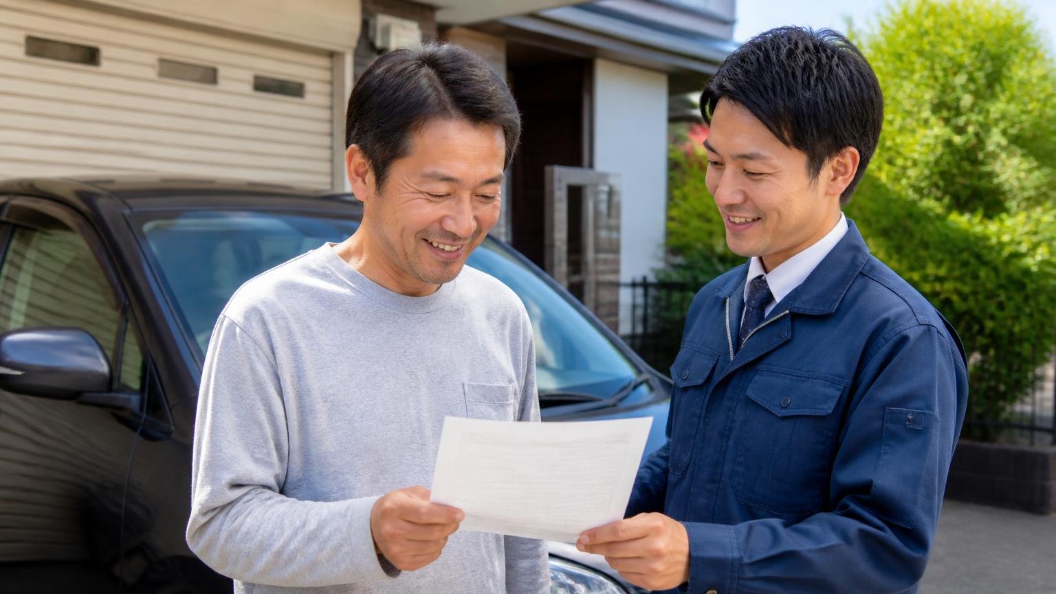 出張査定は無料でローン中や車検切れも相談できる／車庫の前で車検証を手に相談する2人／安心した表情で笑顔