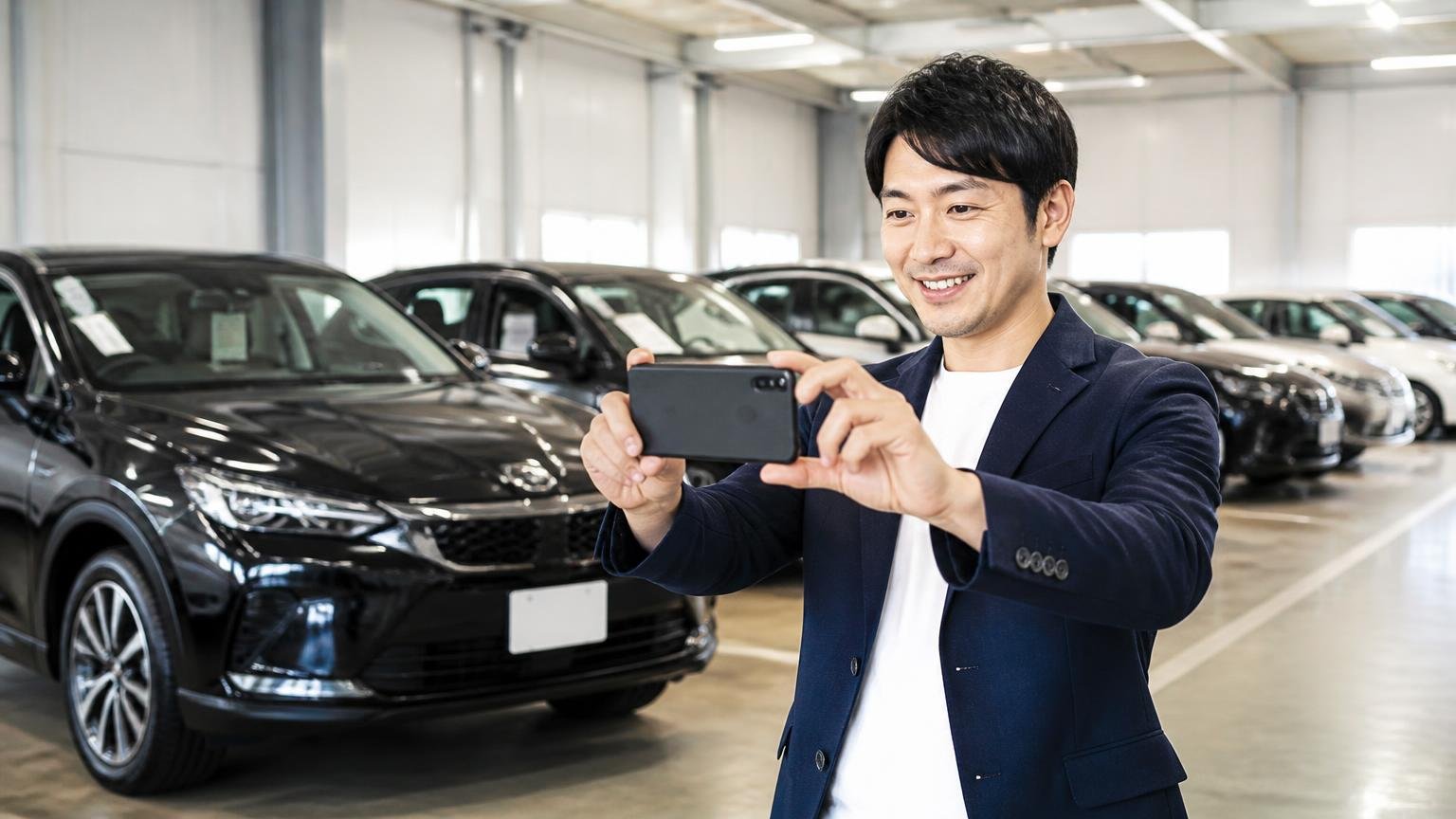 会社の今が分かる場所を見つける・展示場の入庫車両の前でスマホを構える男性1人が笑顔
