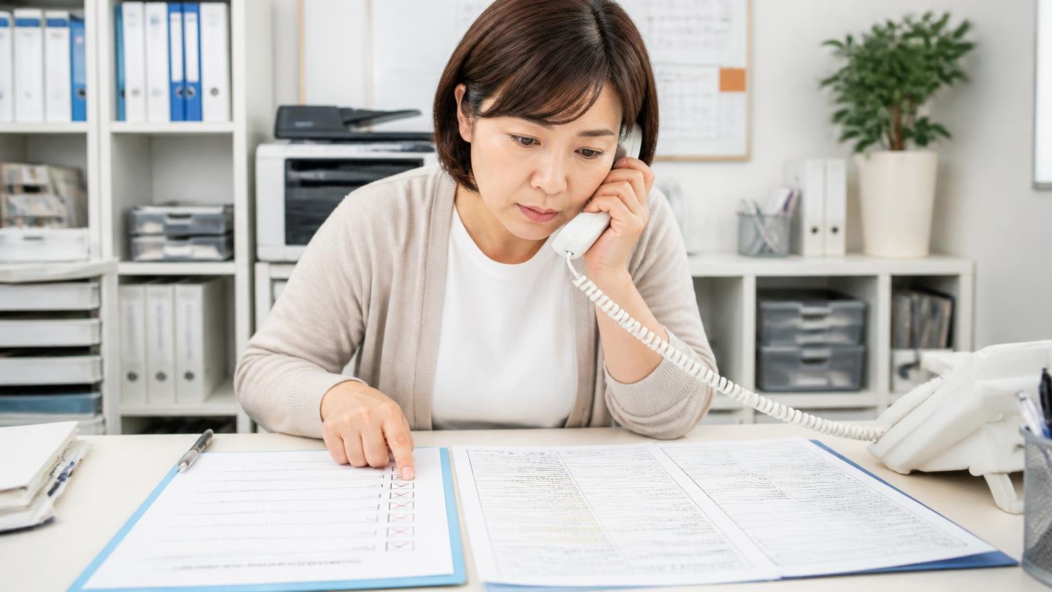 査定を頼む前に確認したい5つのこと 事務所で女性1人が車検証とチェックリストを机に広げ受話器を手に真剣な表情で確認する