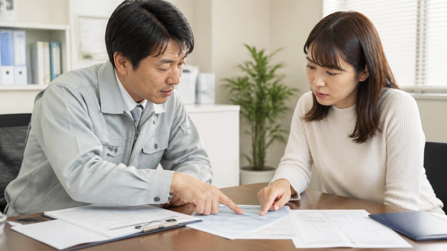 名義変更がいつ完了するかは、必ず書面で確認する 事務所の机で車検証と書類を指さして確認する男女2人が真剣な表情