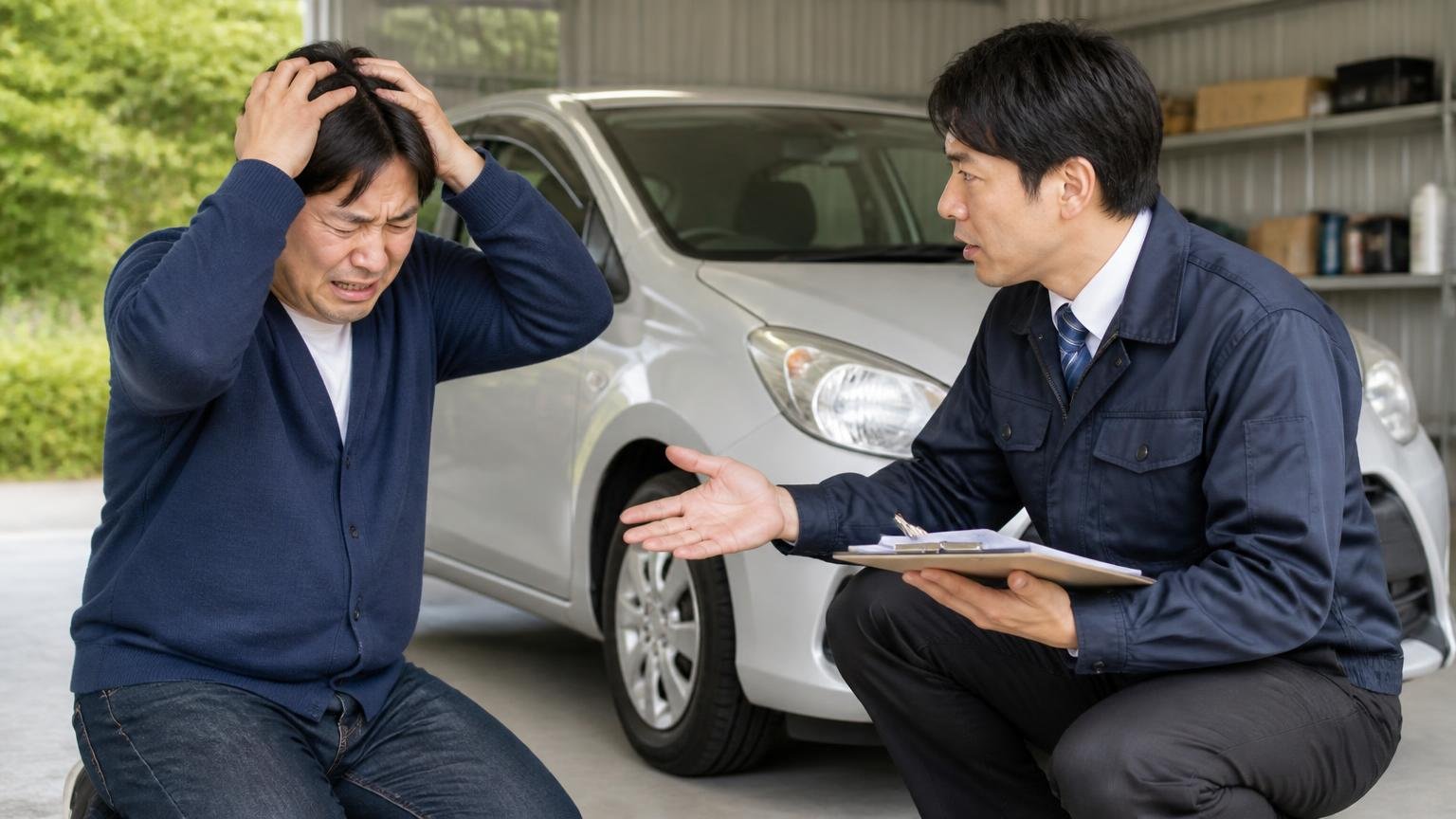 電話の概算をそのまま信じて当日の減額を飲んでしまう 車庫で査定スタッフ1人に減額を告げられ、両手で頭を抱える男性1人