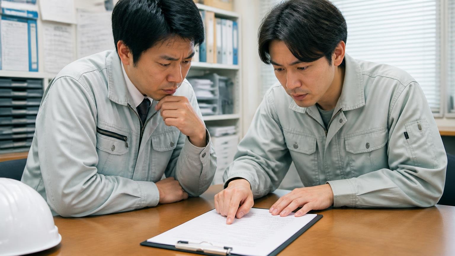 契約の前に書面で確認する4つのこと 営業所のテーブルで契約書を指でなぞって確認する作業着の男性2人、真剣なまなざし